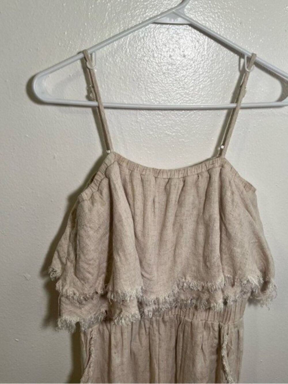 Umgee Women's Size Small Losing My Mind Tiered Jumpsuit Beige Fringe Hem Linen - Picture 5 of 14